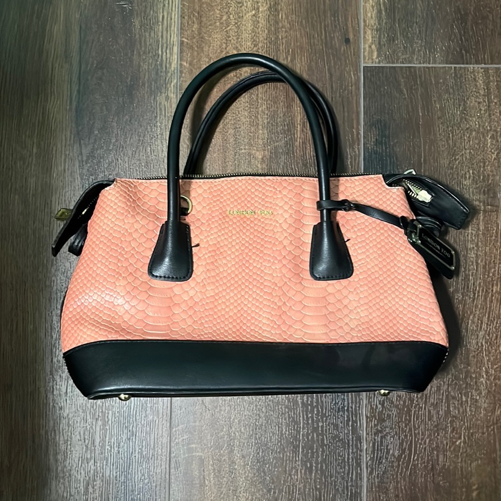 London Fog pink and black reptile embossed handbag